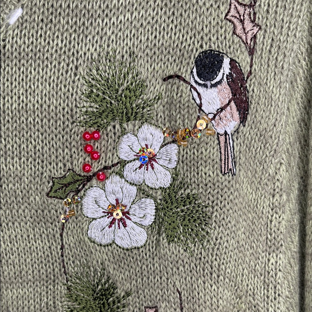 Vintage Blair Olive Embroidered Cardigan Grandmacore Holiday Birds Size Large - Picture 3 of 8